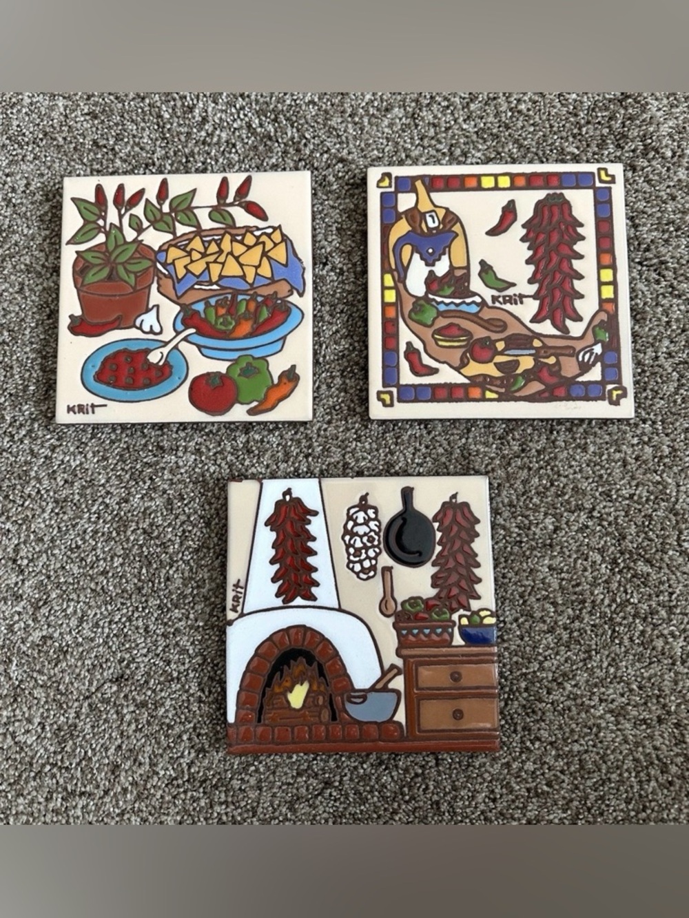 Vintage Earthtones “Chilies” Terra Cotta Glazed Tiles Set 3 6x6”
